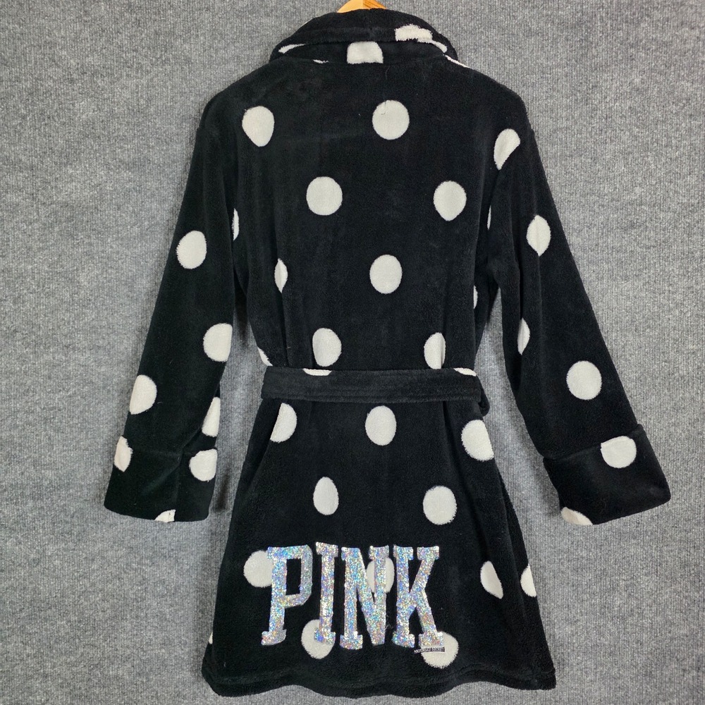 Victoria's Secret PINK Polka Dot Plush Robe Sequin Logo Black White XS/S
